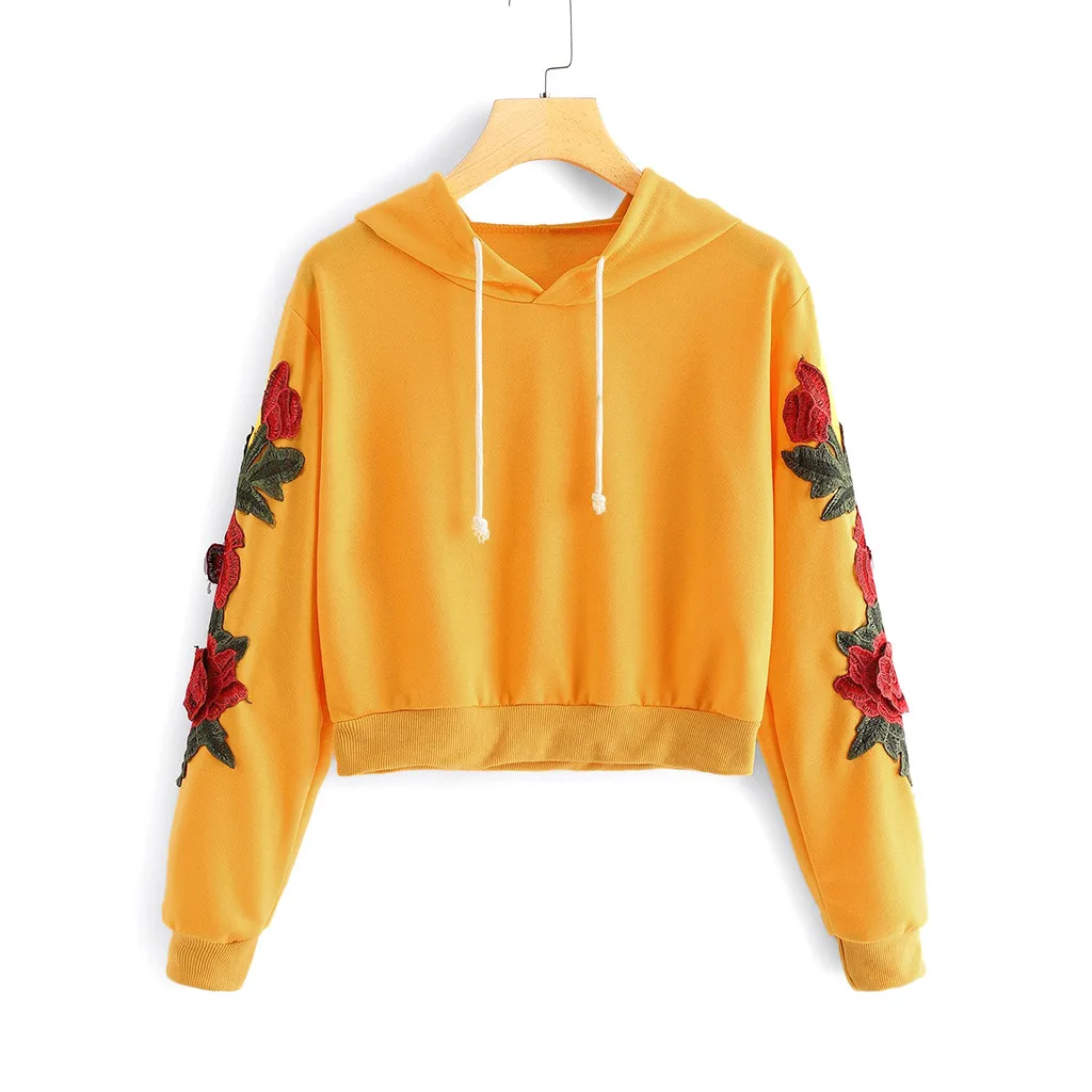 JAYCOSIN Fashion Women Casual Rose Applique Long Sleeve Sweatshirt Casual Popular Chic Solid Elegant Blouse Sweatshirt