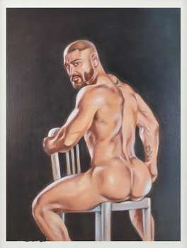 

Artist's hand painted perfect painting on canvas: muscular male model, sitting on a stool。 Free shipping