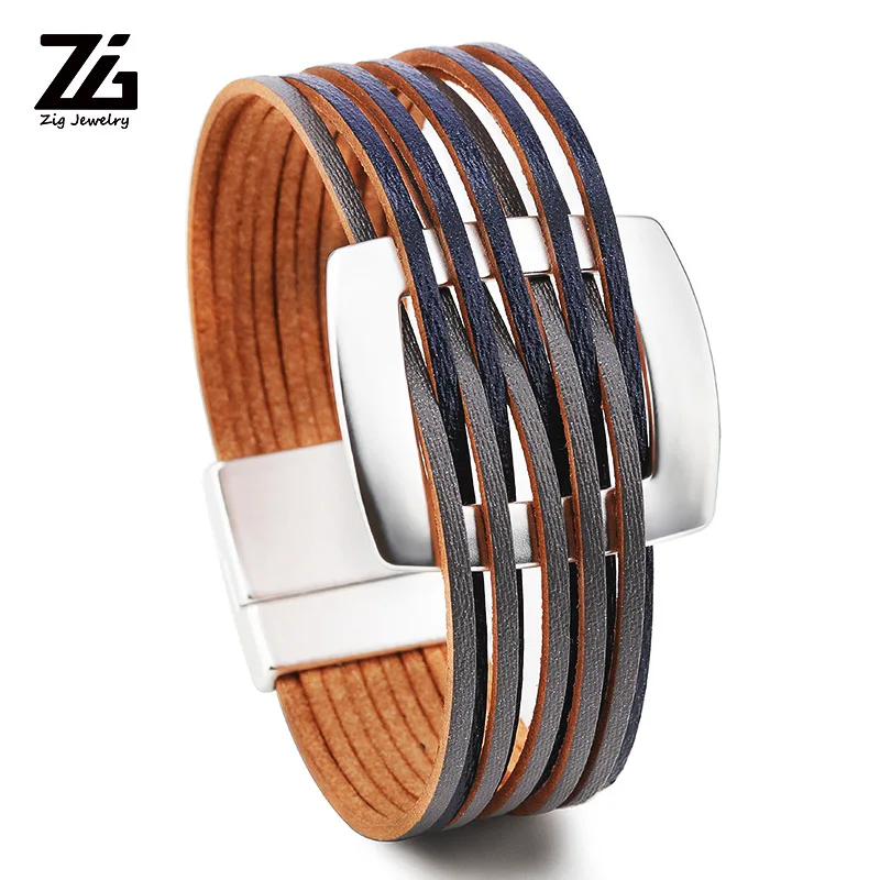

Leather Bracelets For Women 2019 Fashion Metal Charm Boho Wrap Multilayer Wide Bracelet Femme Jewelry