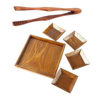 

New 1 Pcs 26.5cm Wooden Food Clip Portable Tongs & 1 Set Tableware Dessert Plates Smooth Wooden Bread Dish Tray