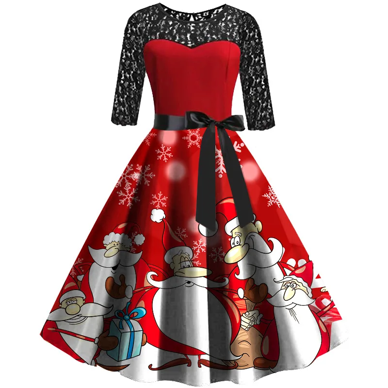 

2019 Autumn And Winter New Style Hot Selling Long Sleeve Lace Joint Big Hemline Santa Claus Floral Printed Dress Fc756