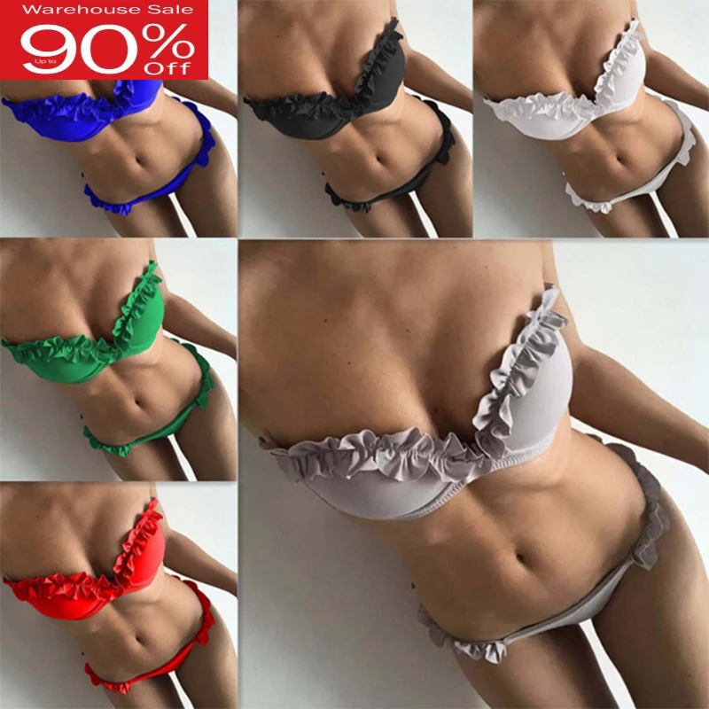 

Ruffles Swimsuit Woman Push Up Bikini Womens Bandeau Bikinis Set Underwire Solid Biquini Halter Female Swim Bathing Suit 2020
