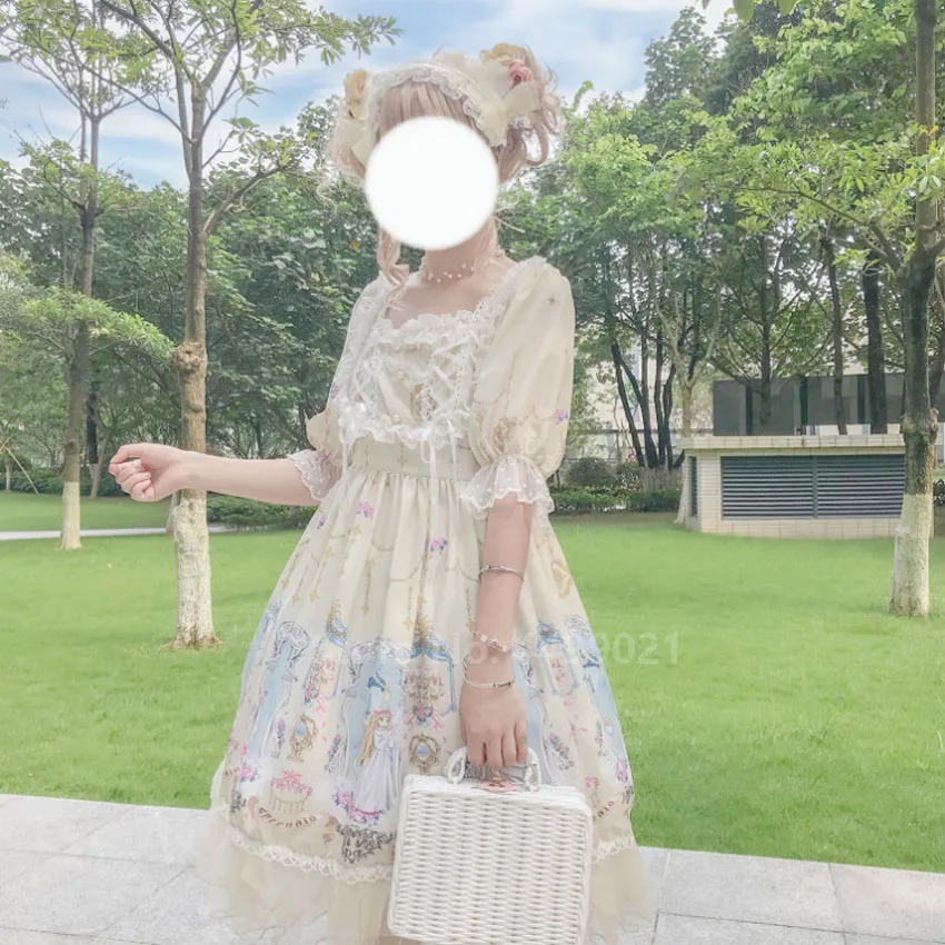 OP 4 Женское платье в стиле Лолиты, плиссированное, кружевное, с принтом, Kawaii JSK OP, Тюлевое, жемчужное, мягкое, для сестры, коллаж, стильные, милые, чайные, вечерние, юбки - Цвет: OP 4