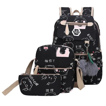 

Usb Charging Canvas Backpack 3 Pcs/Set Women School Backpacks Schoolbag for Teenagers Man Student Book Bag Boys Satchel Black
