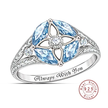 

2020 Clover Shape Blue Crystal 925 Sterling Silvery Always with You Ring for Women Party Anniversary Zircon Hollow Rings Jewelry