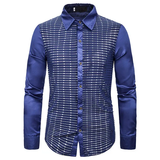 blue Блестящая золотая блестящая шелковая атласная рубашка мужская Chemise Homme Мода ди-джей в ночном клубе мужские платья рубашки вечерние свадебные смокинги рубашка XXL - Цвет: blue