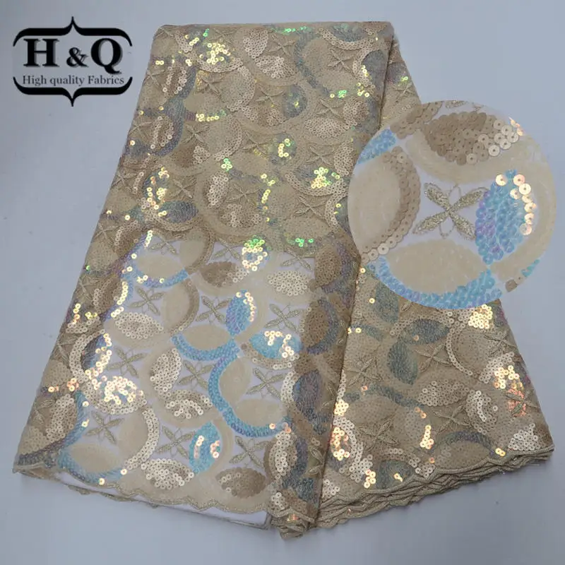 

H&Q Gold Color African Net Lace Fabric with Squins French Tulle Lace 5Yards/piece Embroidered Lace Fabric For Wedding Decoration