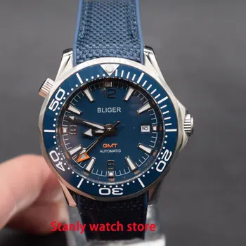 

Solid Bliger 41mm blue dial ceramic bezel sapphire glass 30m waterproof GMT function automatic movement men's wrist watches