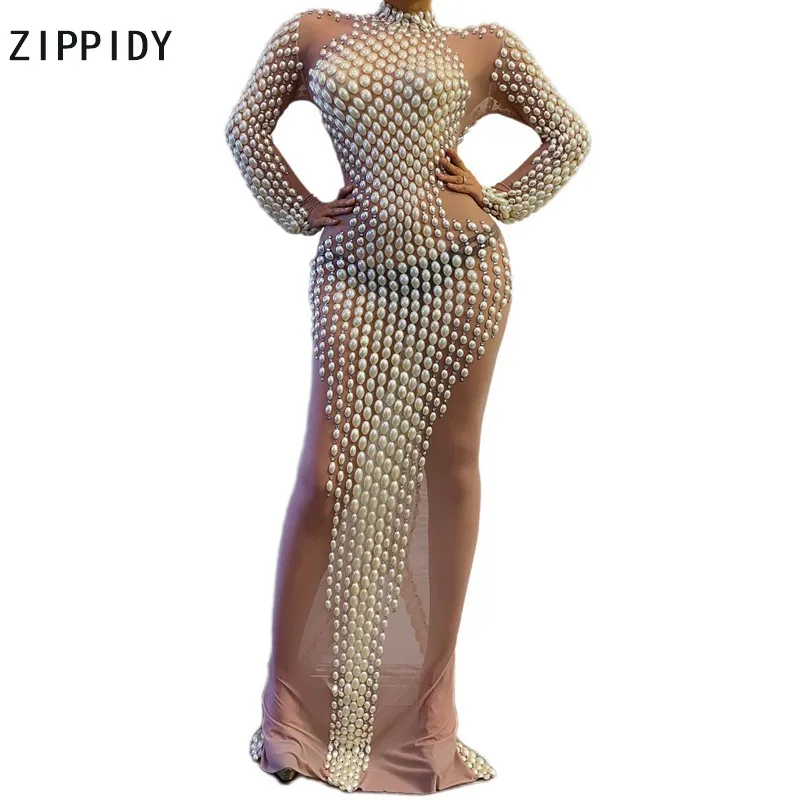 Big Pearls Stones Mesh Nude Long Dress Prom Party Birthday Celebrate Transparent Outfit Female Singer Dresses | Тематическая одежда