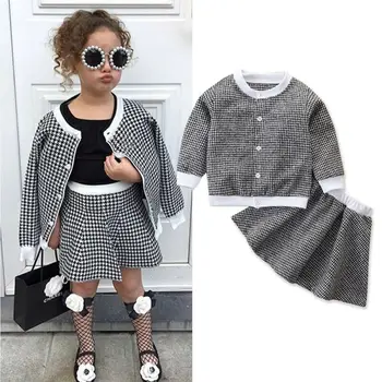 

1-6T Infant Kids Baby Girl Spring Autumn Clothes Set Girls Formal Party Outfits Plaid Coat Tops+A Line Skirts Girls Clothing Set