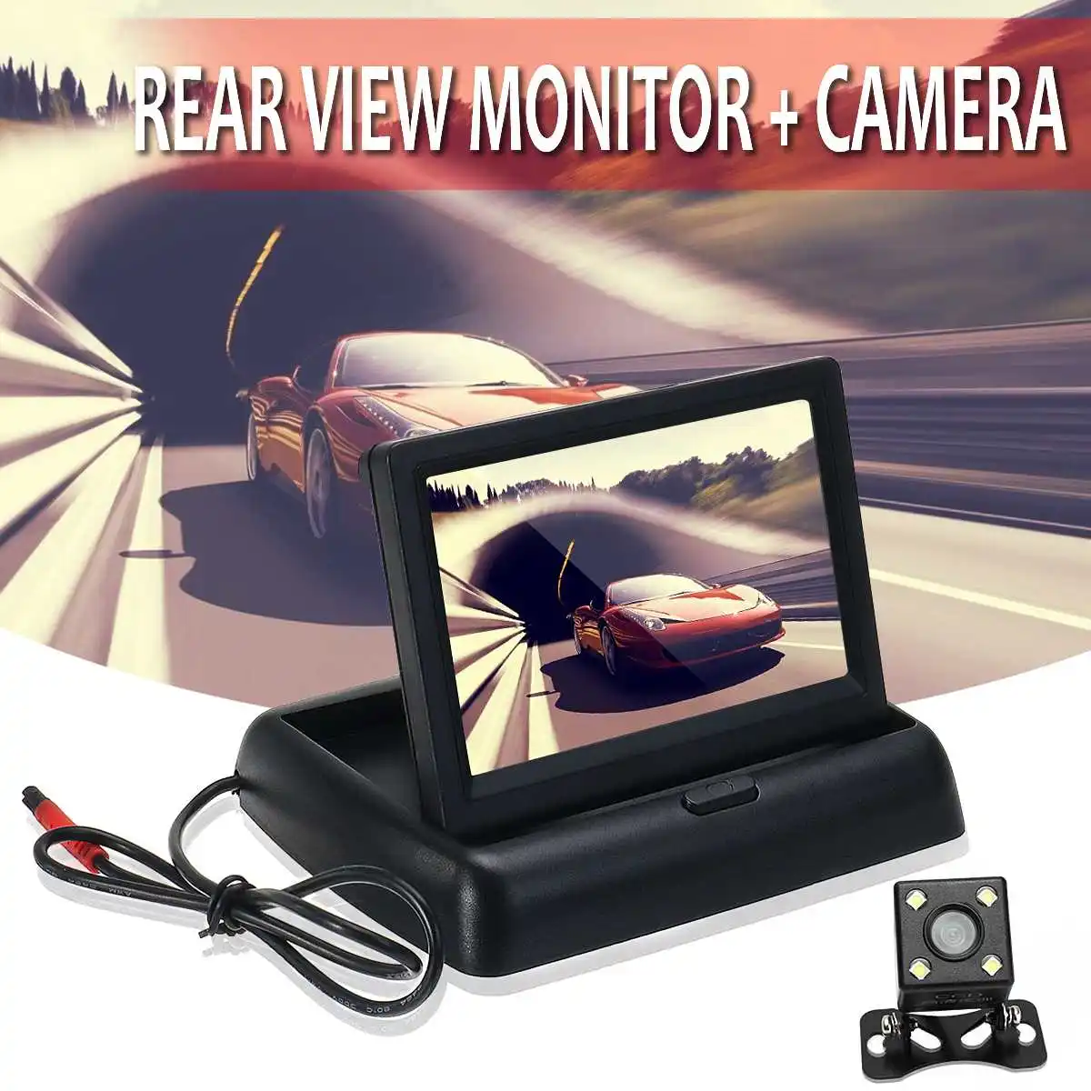 Универсальная камера заднего вида с 4," складным ЖК-монитором, Автомобильная камера заднего вида с видеокабелем и клейкой накладкой