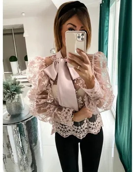 

Women Lace Sheer Embroidery Blouses See-through Puff Sleeve Bow Tie Tops Shirts Sexy Female Long Sleeve Floral Mesh Blouses