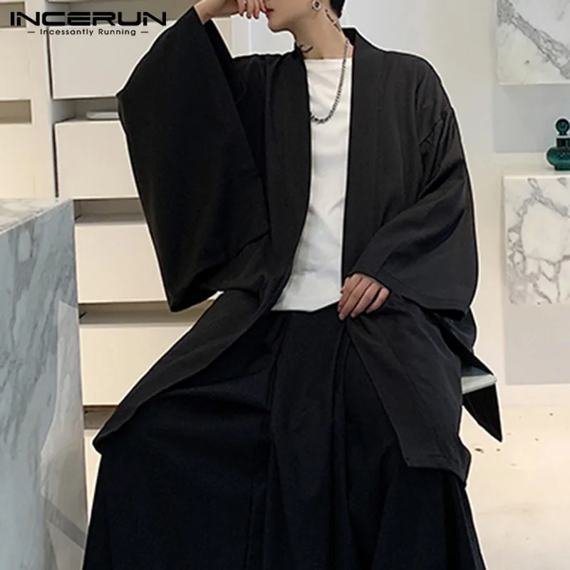 Men Cardigan Open Stitch Loose Long Sleeve Streetwear Trench Chic Vintage Punk Solid Long Coats Mens Cloak Cape INCERUN 5XL trench coat casual men jacket