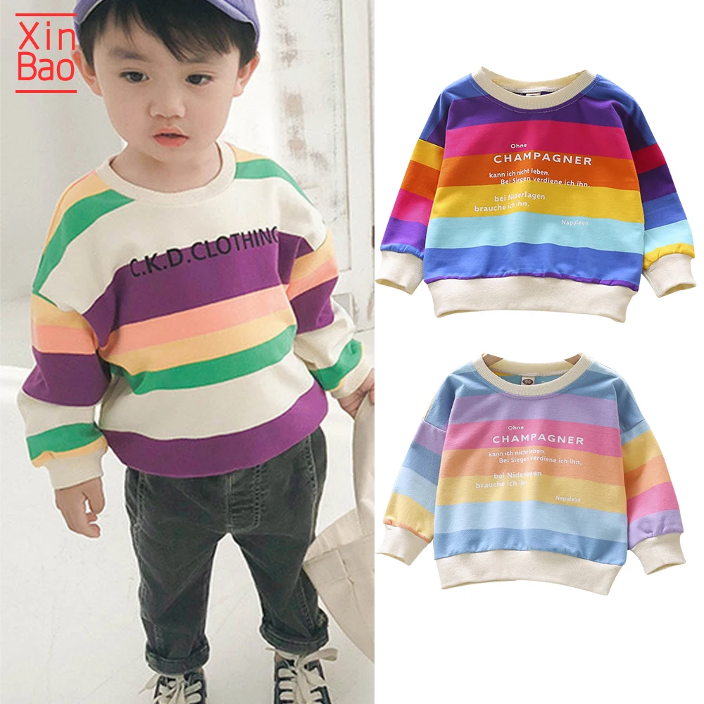 

XINBAO 2020 Rainbow Girl boys Hoodies Long Sleeve Striped Cartoon pring Autumn Children baby sweatshirt Kids Tops T Shirts