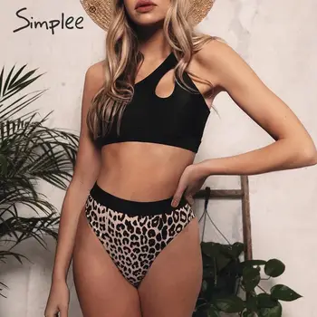 

Simplee Sexy bandeau bikini Leopard print one shoulder summer swimsuit Push up hollow out women swimwear bathing suit biquini