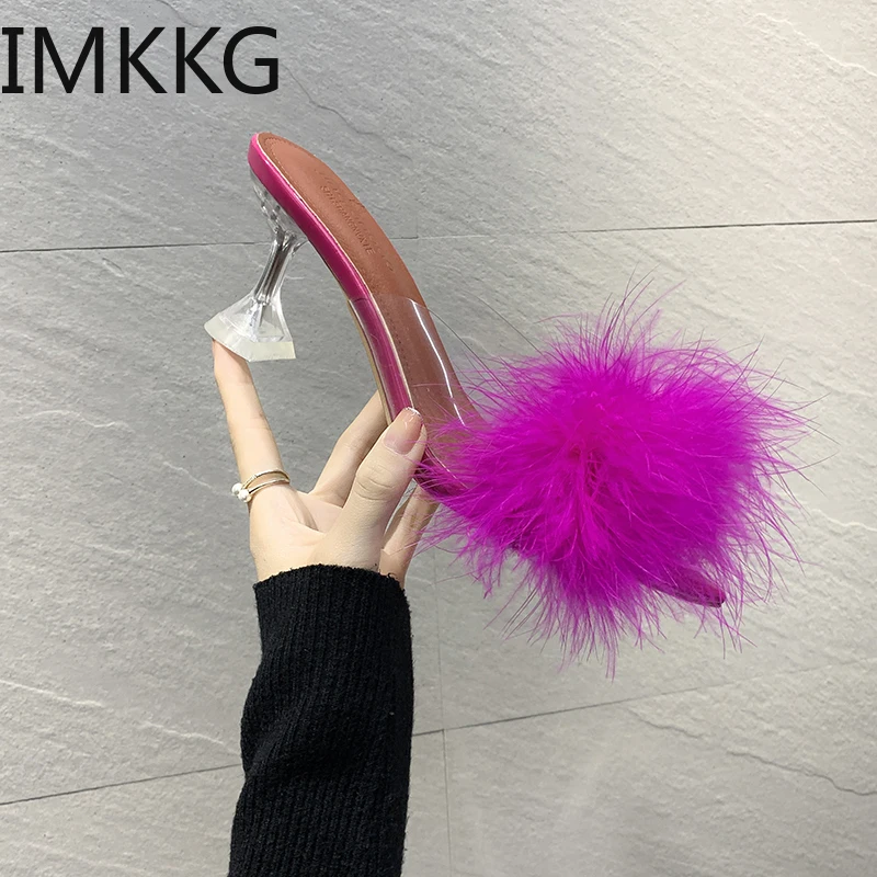 Модные женские меховые резиновые тапочки прозрачные туфли без задника на тонком