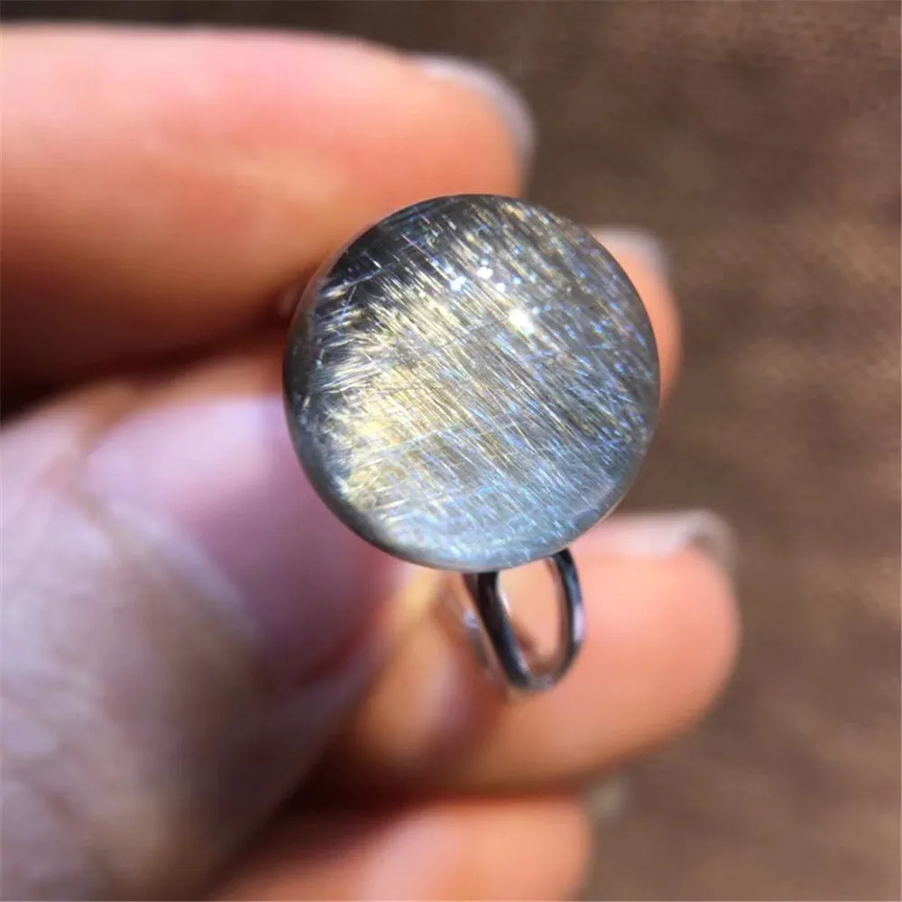 

11.5mm Top Natural Brookite Silver Rutilated Quartz Ring For Women Lady Man Lucky Gemstone Crystal Adjustable Ring Jewelry AAAAA