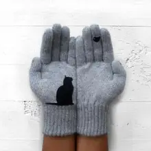 1 пара женских шерстяных перчаток, теплые осенние и зимние уличные теплые и морозостойкие утолщенные женские перчатки с принтом кошки и птицы