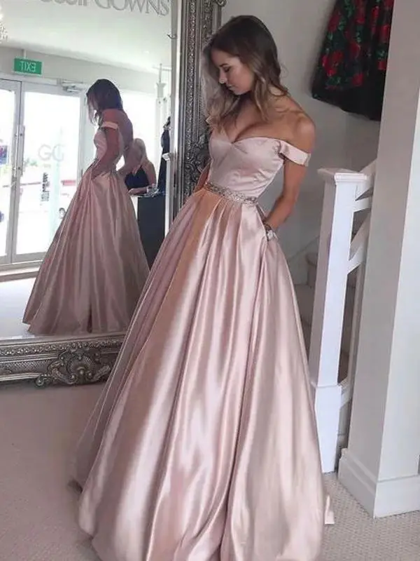 

A-Line/Princess Off-the-Shoulder Sleeveless Floor-Length Satin Dresses