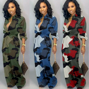 

Plus Size Camouflage Jumpsuit Women Casual Loose Long Sleeve V Neck Belt Autumn Spring Romper Ladies Overalls