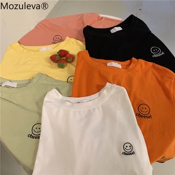 

BornSra Chic Cartoon Smiley PatternWomen T-shirt Summer Short Sleeve Female T Shirt Spring White O-neck Top Tees 2020 Femme