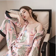 Комплекты халатов, комплекты платьев, женские комплекты из трех предметов, Осень-зима, с длинными рукавами, сексуальный шелк, домашний сервис, сатин с рисунком колготки