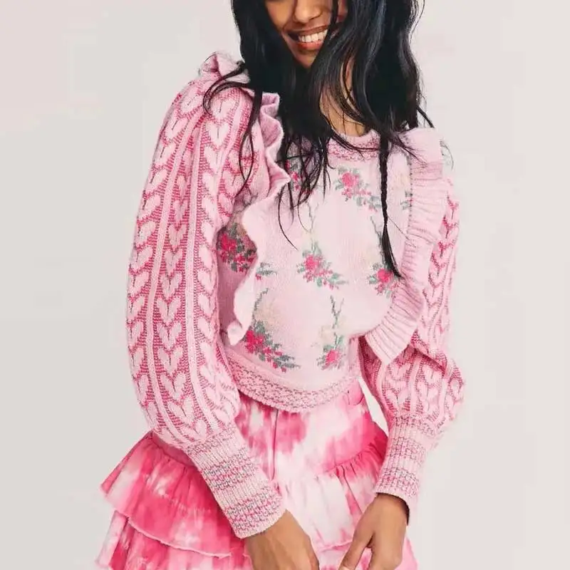 Boho Inspired Blush Pink Multi Floral Jacquard Knit Sweater Women