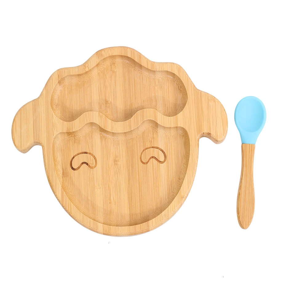 sheepblue Креативная силиконовая присоска, детская тарелка для кормления, Бамбуковая детская посуда, детская миска, миска для кормления ребенка с присоской - Цвет: sheepblue
