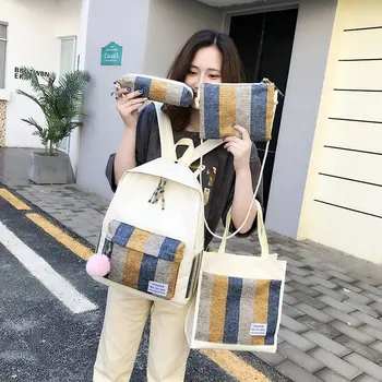 

4pcs/set Canvas Backpack,Stripe Travel Backpack,Teen Student Schoolbag,16 Inch Casual Laptop Backpack