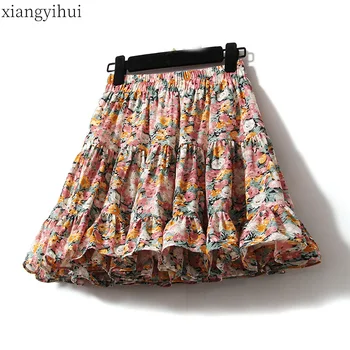 

Summer Floral Skirt Women Chiffon Print Pleated Mini Skirts 2020 Fashion Chic Vintage Flower Skirt High Waist Bohemian Tutu