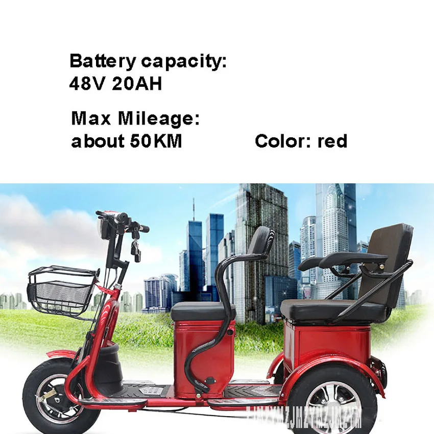 Двухместный Электрический мотоцикл, старый электрический скутер, широкая шина, два сиденья, трехколесный скутер для пожилых людей с ограниченными возможностями, 500 Вт - Цвет: 48V 20AH Red