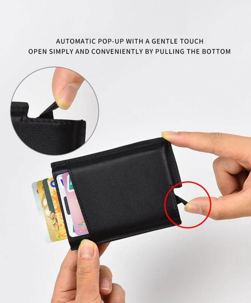 Женский металлический держатель для карт s RFID алюминиевый кредитный держатель для карт из натуральной кожи кошельки противоугонные Мужские автоматические всплывающие RFID бумажники