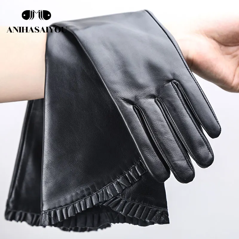 Женские длинные перчатки с перекрестным кружевом 50 см, черные женские кожаные перчатки, теплые женские зимние перчатки, женские перчатки для вождения-772