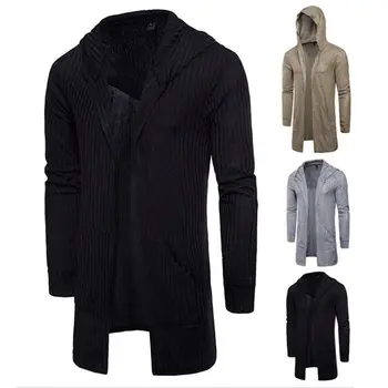 

2019 Autumn Men Hooded Cardigan Sweater Casual Long Knit Outwear Stylish Full Sleeve Tops