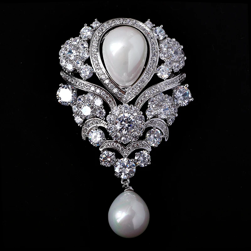 Women's beautiful Cz micro White Shell Pearl Brooches