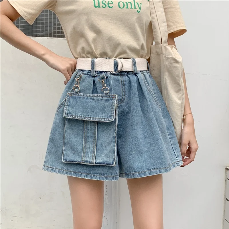 Women Big Pocket Loose Oversized Jeans Shorts Fashion High Waist Denim Shorts Female Summer Wide Leg Short Jeans Elastic Waist
