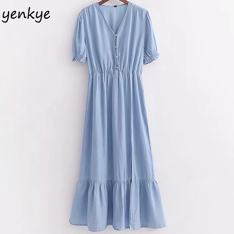

2019 Women Vintage Light Blue Tencel Denim Dress Female Short Sleeve V Neck Elastic Waist A-line Casual Long Dress XDWM2349