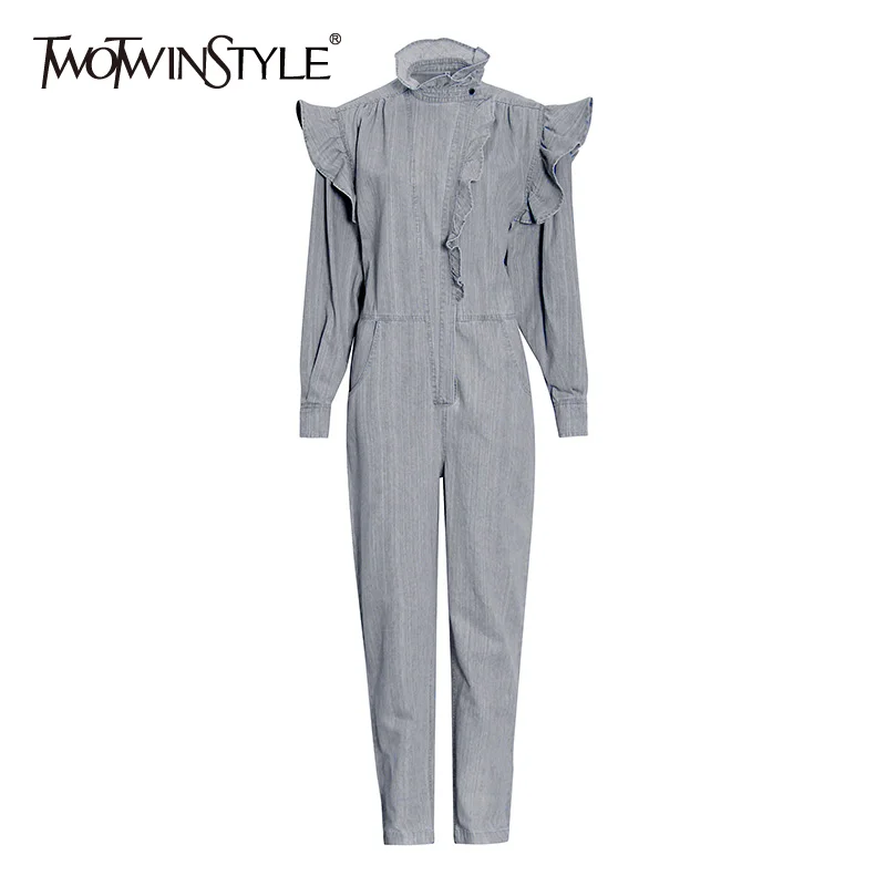 

TWOTWINSTYLE Elegant Patchwork Ruffle Jumpsuit For Women Stand Collar Long Sleeve Wide Leg Casual Loose Jumpsuits Female 2020