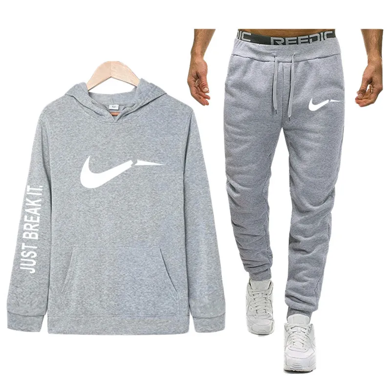 Light gray 1 Модный комплект из двух предметов, комплекты с капюшоном и принтом, спортивный костюм с капюшоном, Мужская Осенняя брендовая одежда, спортивные худи, толстовка, штаны, костюм - Цвет: Light gray 1