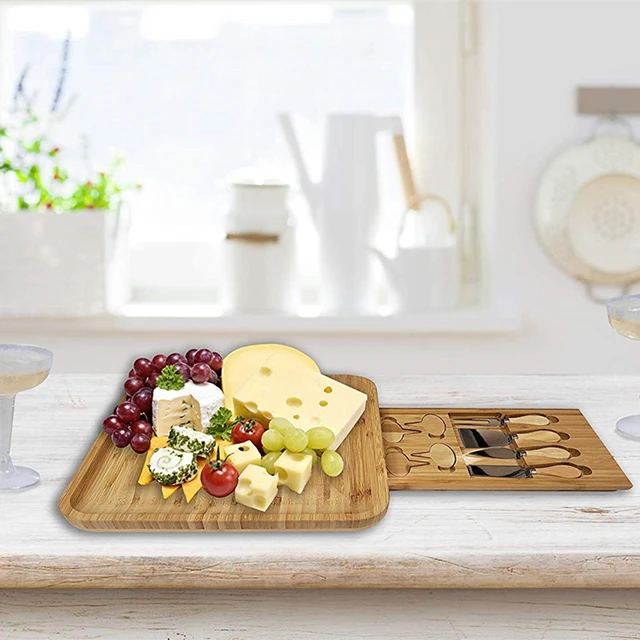 Fa Bambusz Sajt Torta Deszka Szett Evőeszközökkel Wood Charcuterie Tál, Amely Húsdeszkát Szolgál Fel, Csúszós Fiókkal 4 Késsel - Image 6