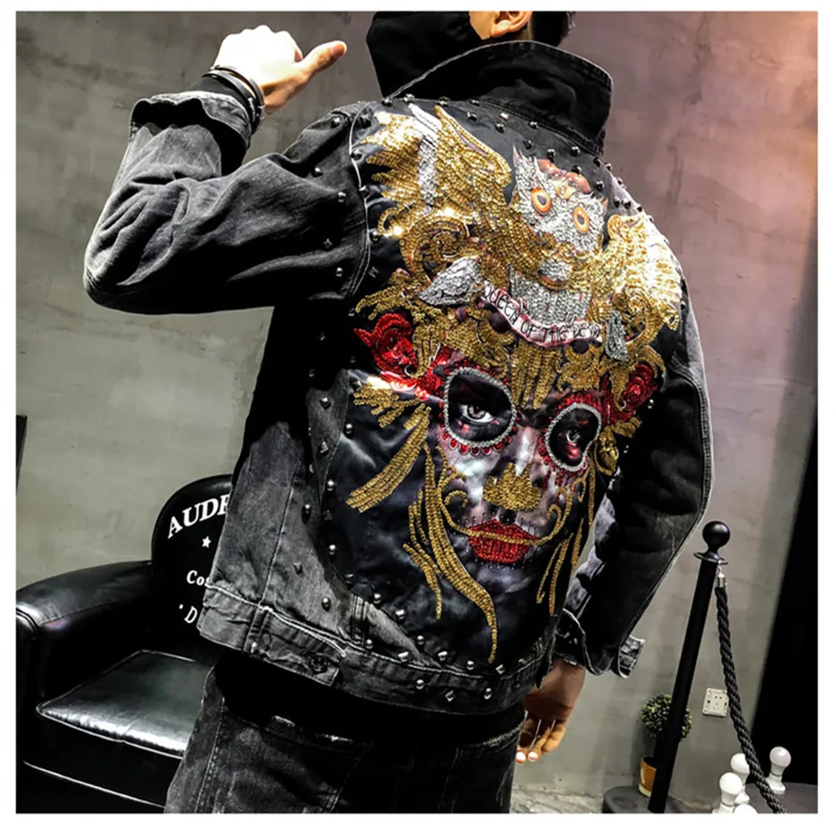 ABOORUN мужские джинсовые куртки в стиле панк с несколькими заклепками, джинсовые куртки с вышивкой льва, весенне-осеннее пальто для мужчин R588