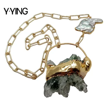 

Y·YING Natural Green Ghost Phantom Quartzs Crystal Cluster Druse Minerals Pendant Grey Keshi Pearl Necklace 22"