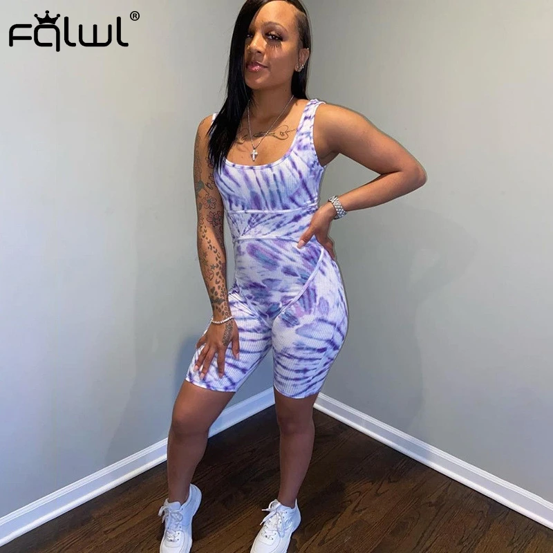 FQLWL Tie Dye Print White Summer Rompers Womens Jumpsuit Female Backless One Piece Sexy Bodycon Short Jumpsuit Women Playsuit