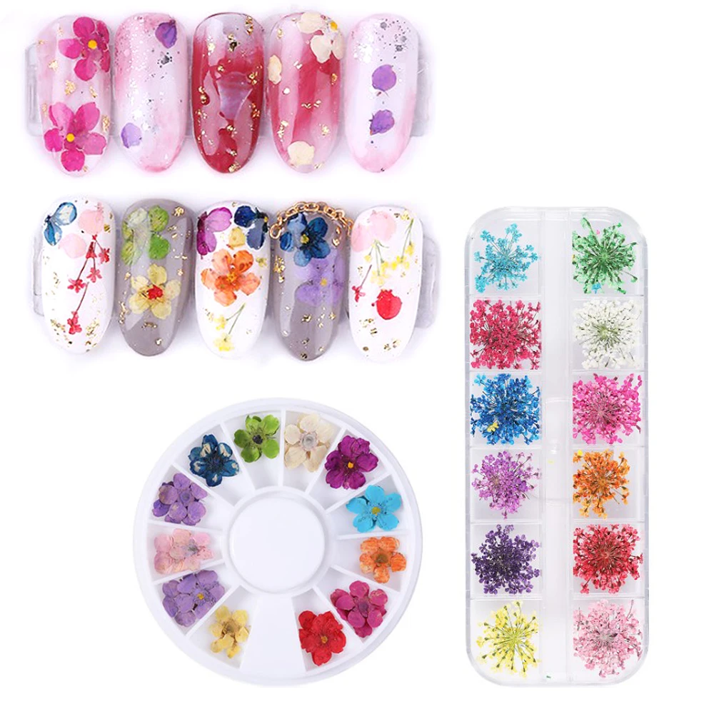  24PCS Dried Flowers Natural Floral 3D Floral Leaf Stickers Nail Art Decals Jewelry UV Gel Polish Na