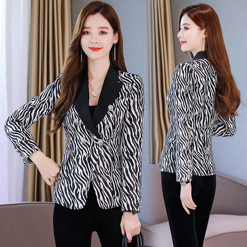 

2019 Autumn Clothing Korean-style New Style Fashion Comfortable Slim Fit Short Slimming Zebra-stripe Printed Double Breasted Sui