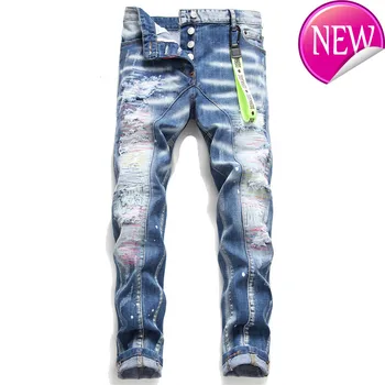 

Italy jeans European famous Men slim jeans pants mens denim trousers zipper blue hole Pencil Pants jeans for men
