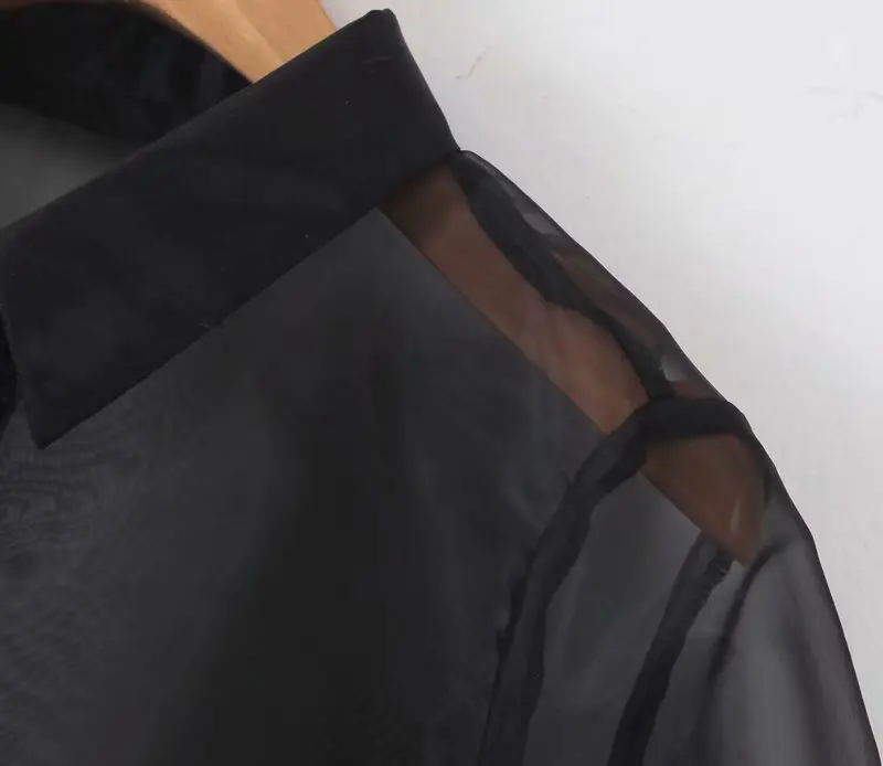 Винтажные сексуальные прозрачные топы с рукавами-буффами, женские блузки, модные Лоскутные женские рубашки с отворотами, повседневные блузы Mujer