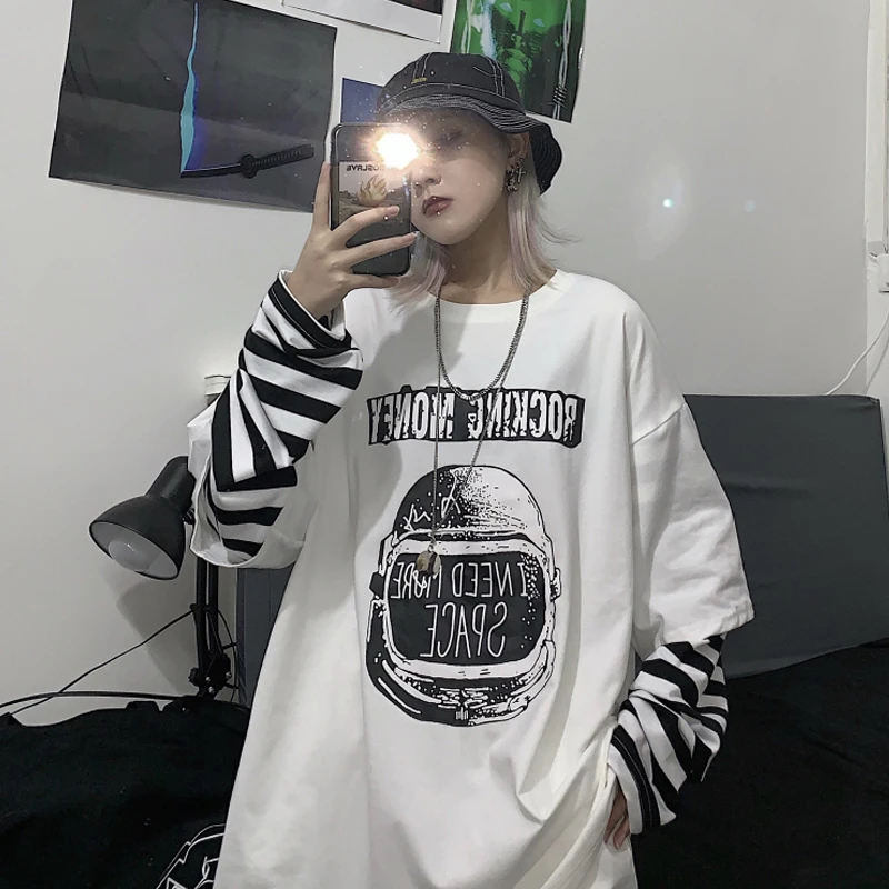 white Ins полосатый свитер с длинными рукавами женский Harajuku уличная одежда поддельный Двухсекционный Топ Осенняя корейская мода Свободный женский свитер - Цвет: white