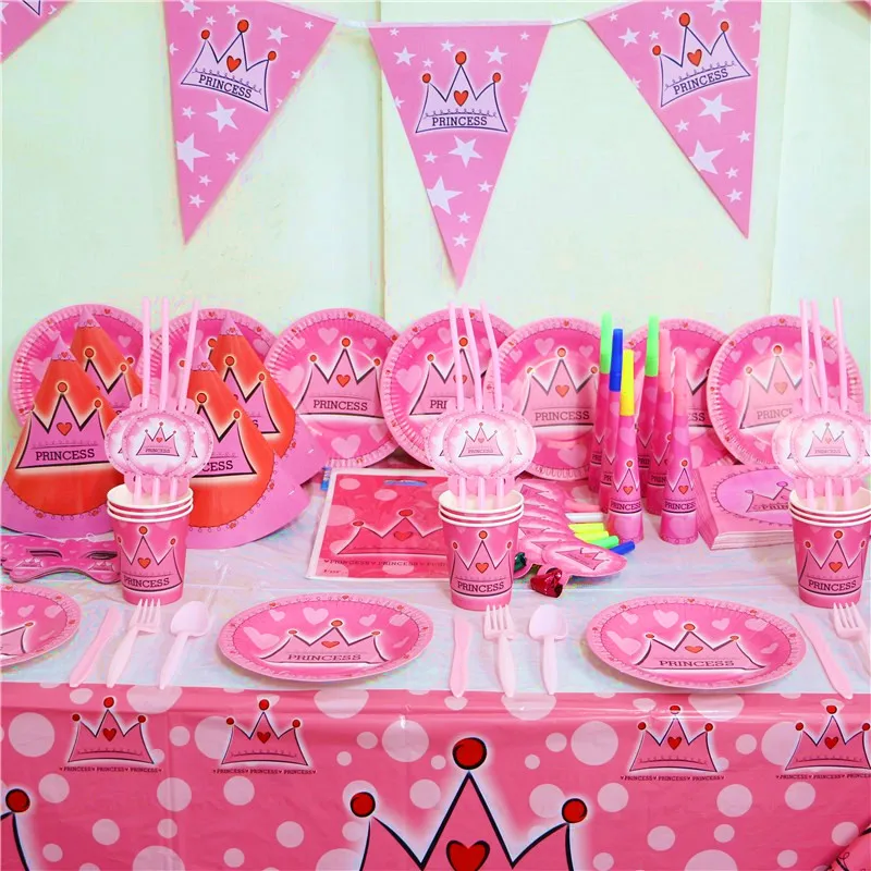 Розовая Корона тематическая вечеринка на день рождения одноразовые украшения наборы; детский душ розовая бумага баннер Салфетка скатерть посуда наборы для ухода за кожей