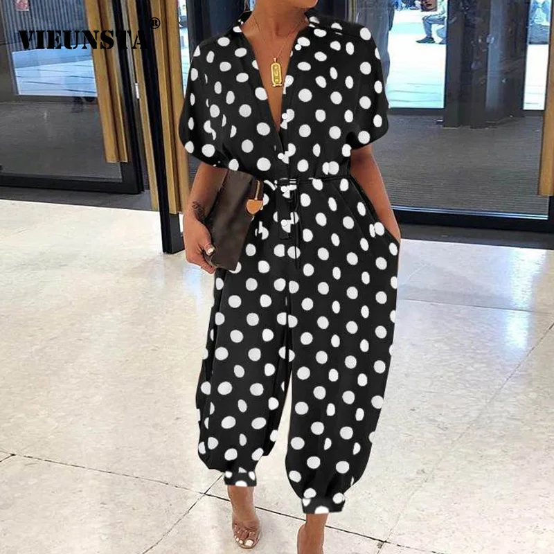 Women Retro Leopard Print Button Jumpsuit Summer V Neck Short Sleeve Playsuit Elegant Office Lady Rompers Beach Overalls Pockets